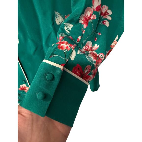 Sezane 4 Elisa 100% Silk Pajama Blouse Floral White Piping Covered Buttons Green - Picture 4 of 8